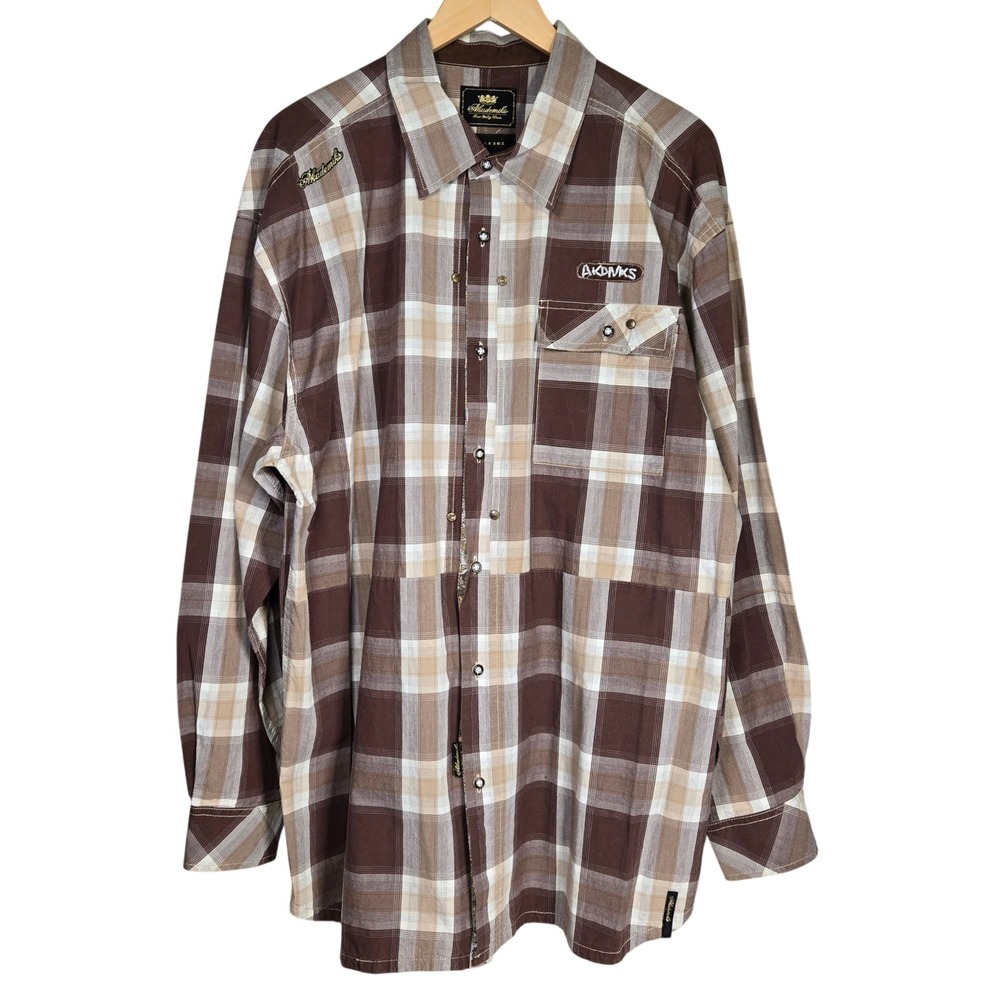 Akademiks Mens 2X Large Brown Plaid Long Sleeve Button Down Shirt Y2K Streetwear